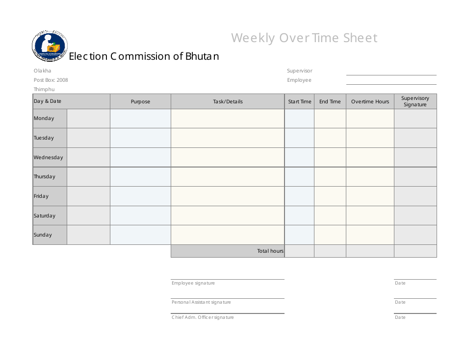 Weekly Over Time Sheet - Bhutan, Page 1
