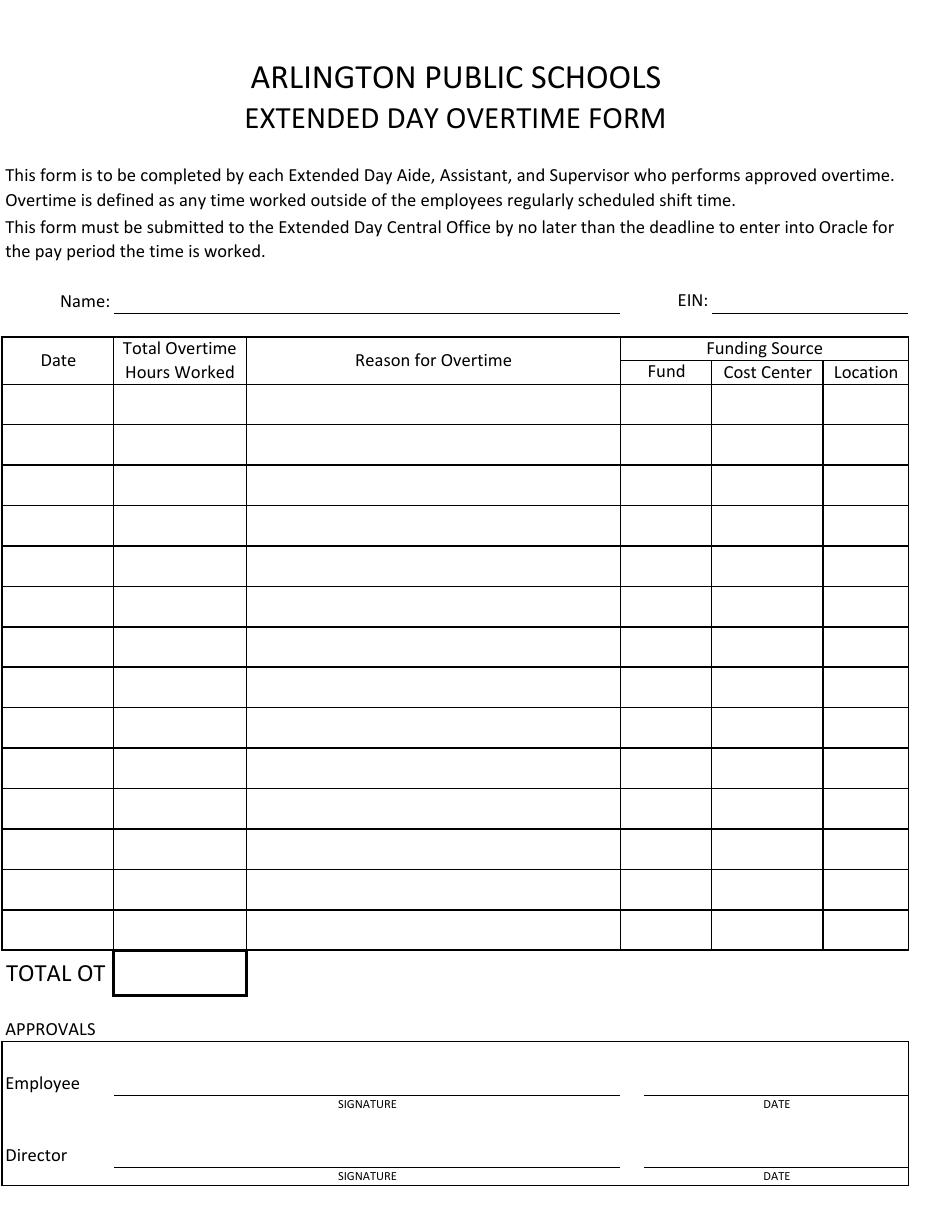 Extended Day Overtime Form - Arlington Public Schools, Page 1
