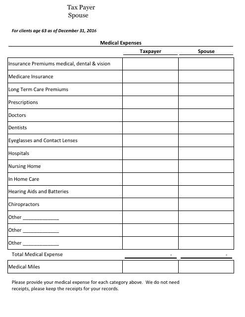 Medical Expenses Worksheet Download Fillable PDF | Templateroller