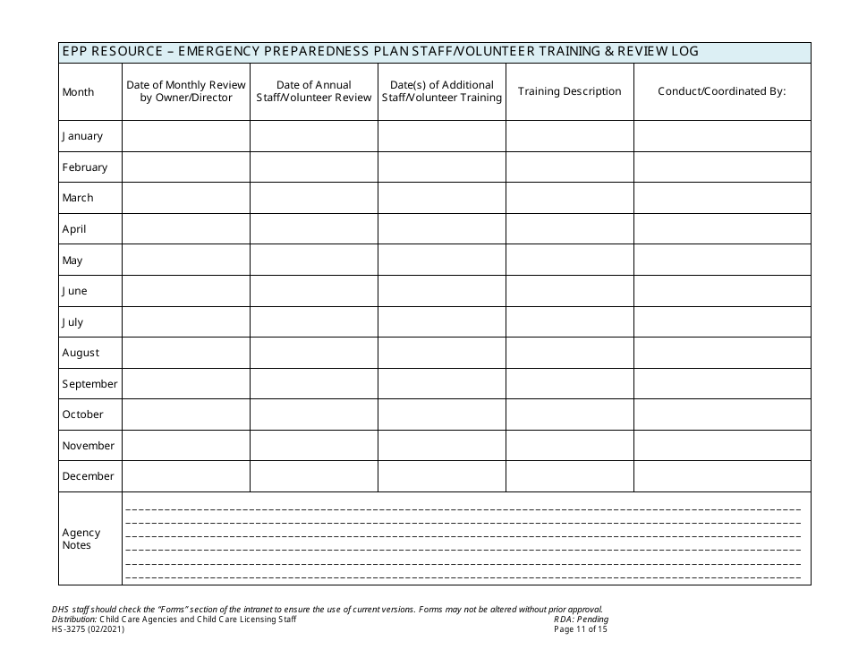 Form HS-3275 Child Care Agency Emergency Preparedness Plan Checklist and Template - Tennessee, Page 11