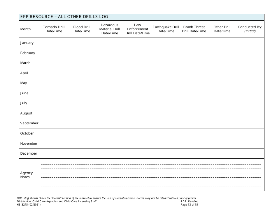 Form HS-3275 Child Care Agency Emergency Preparedness Plan Checklist and Template - Tennessee, Page 13