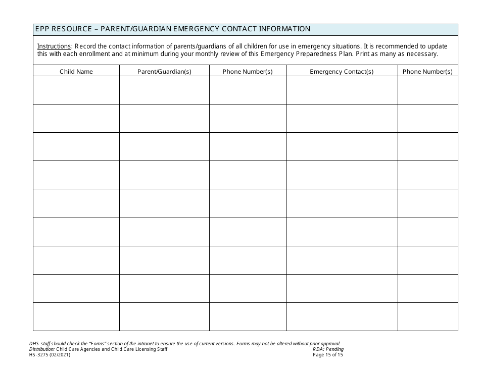 Form HS-3275 Child Care Agency Emergency Preparedness Plan Checklist and Template - Tennessee, Page 15