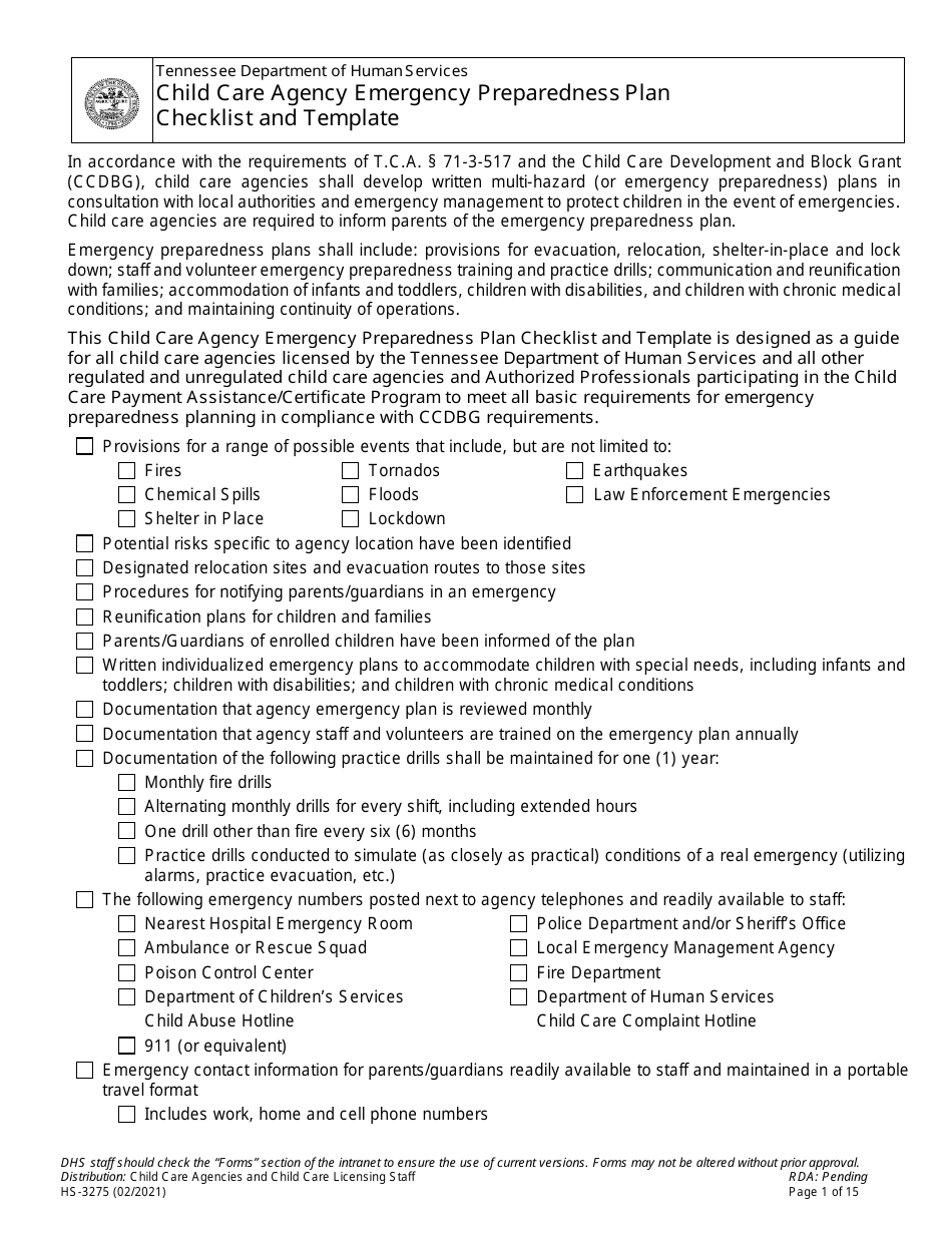 Form HS-3275 Child Care Agency Emergency Preparedness Plan Checklist and Template - Tennessee, Page 1