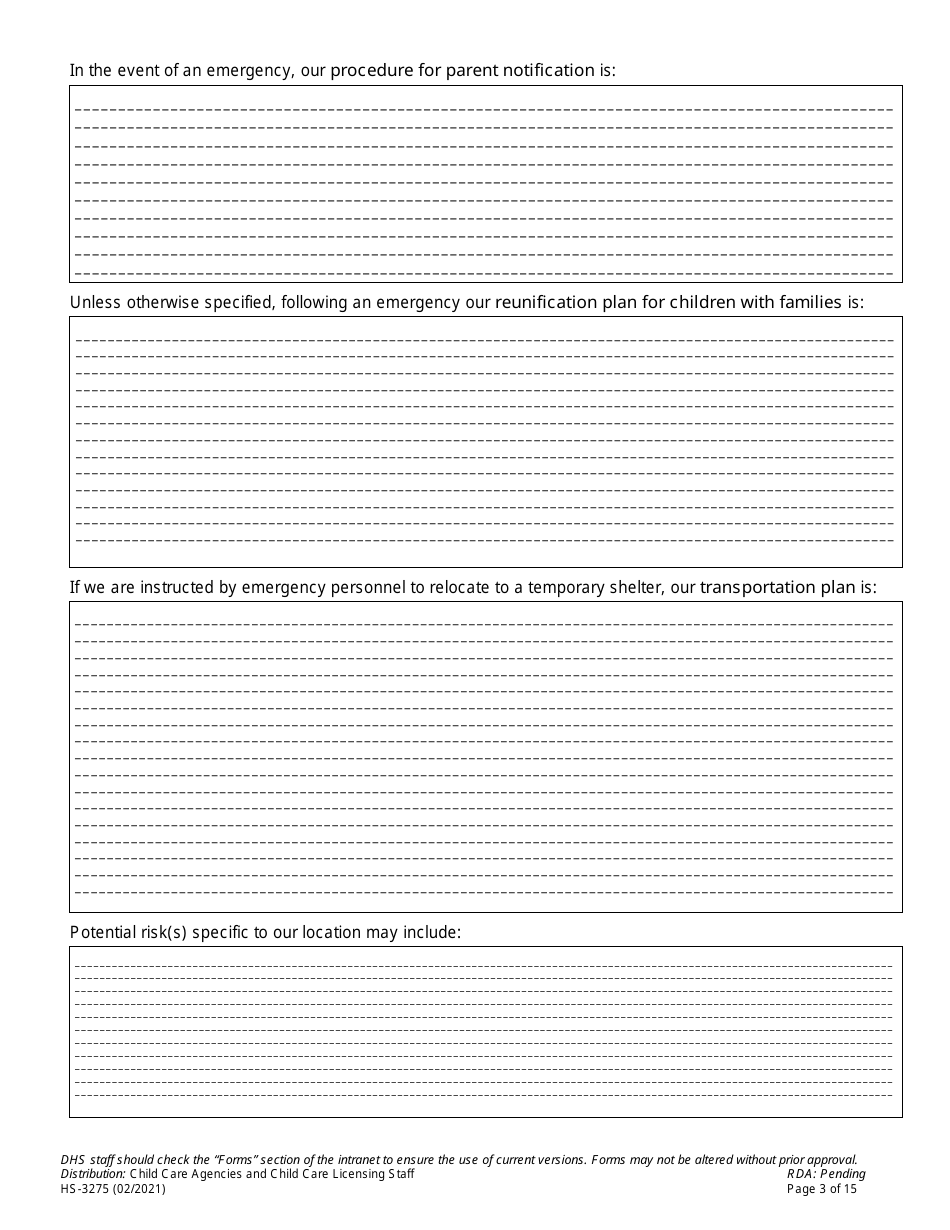 Form HS-3275 Child Care Agency Emergency Preparedness Plan Checklist and Template - Tennessee, Page 3
