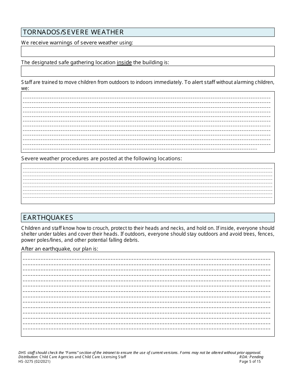 Form HS-3275 Child Care Agency Emergency Preparedness Plan Checklist and Template - Tennessee, Page 5