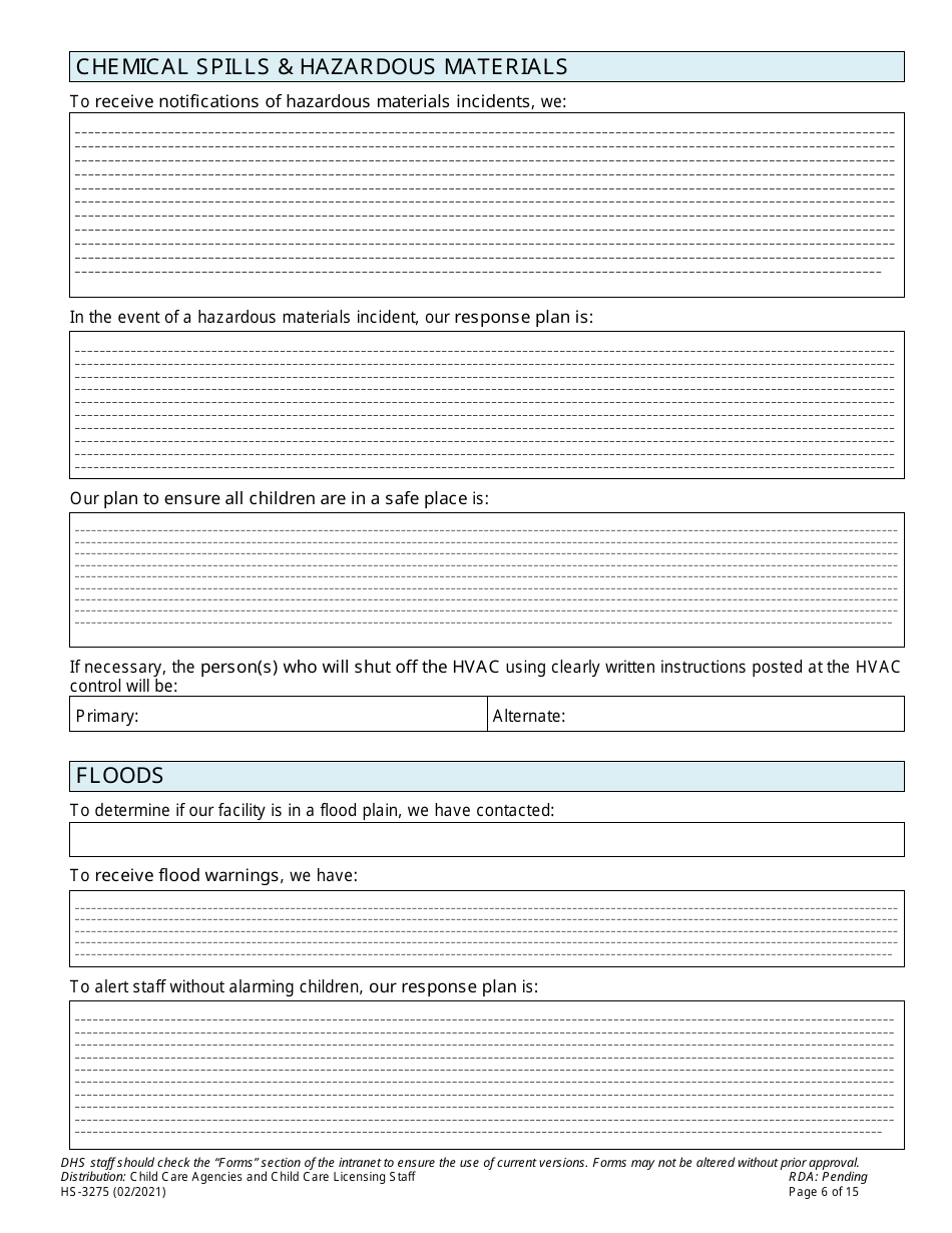 Form HS-3275 Child Care Agency Emergency Preparedness Plan Checklist and Template - Tennessee, Page 6