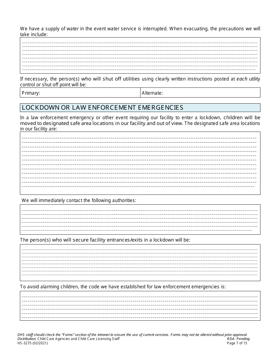 Form HS-3275 Child Care Agency Emergency Preparedness Plan Checklist and Template - Tennessee, Page 7