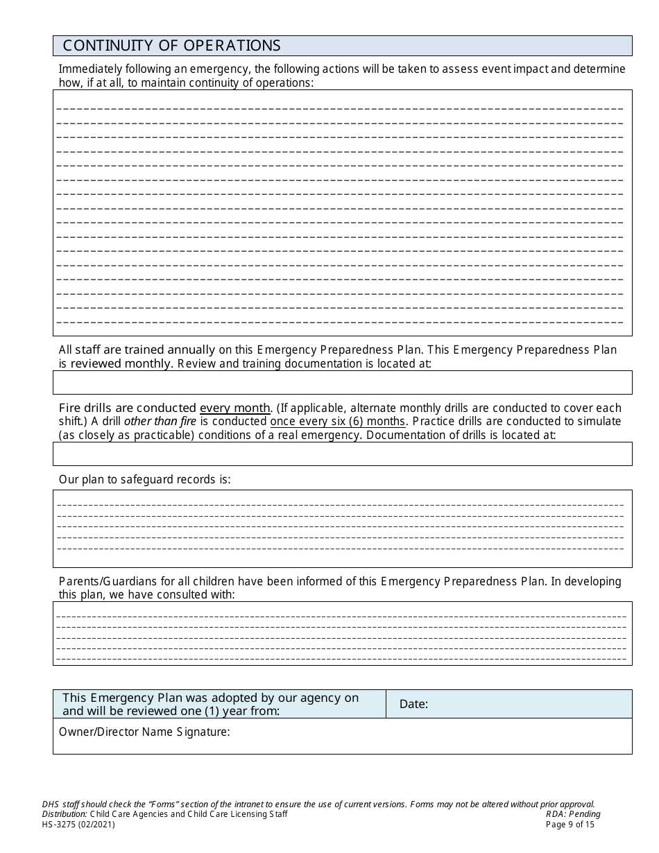Form HS-3275 Child Care Agency Emergency Preparedness Plan Checklist and Template - Tennessee, Page 9