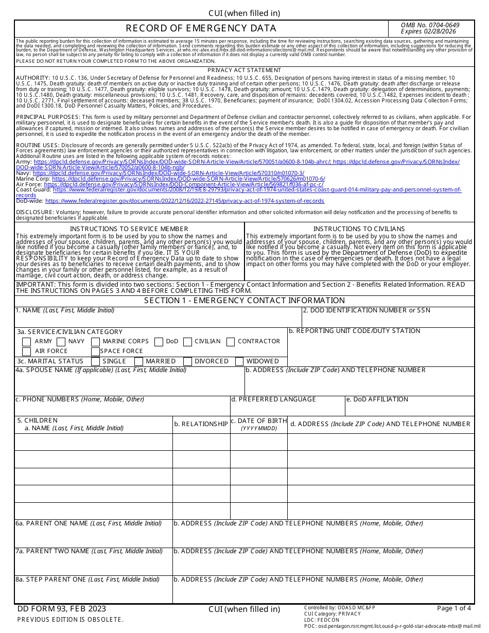 DD Form 93 Record of Emergency Data, Page 1