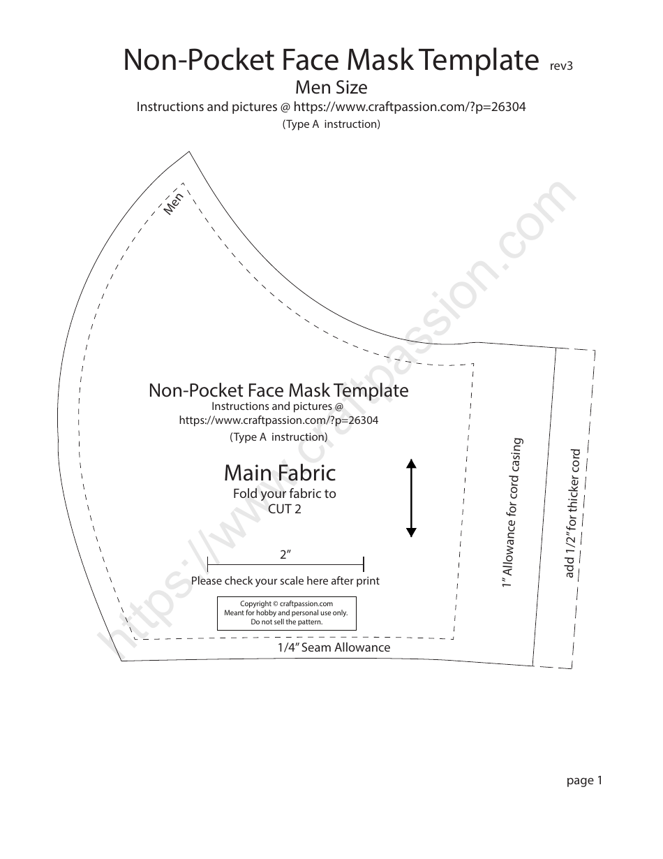 Non pocket Face Mask Template Men Size Download Printable PDF