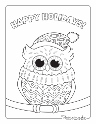 Document preview: Happy Winter Holidays Coloring Page - Owl in a Hat