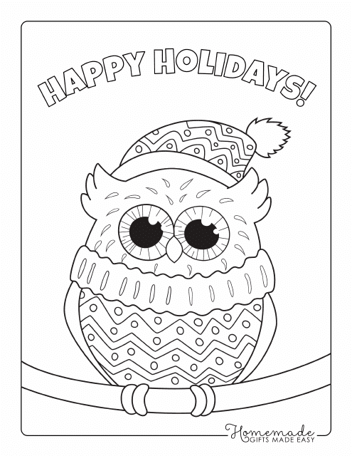 Happy Winter Holidays Coloring Page - Owl in a Hat