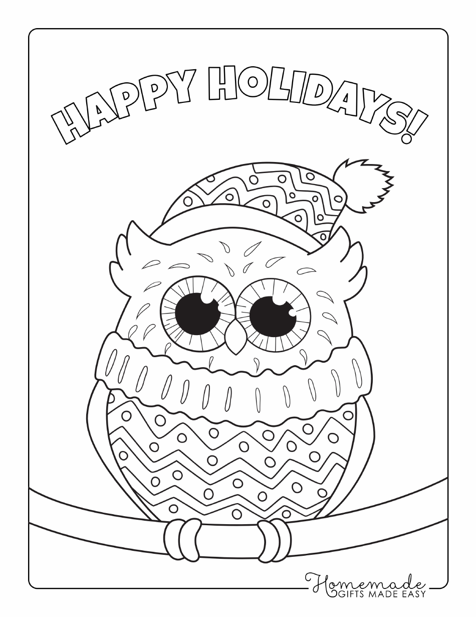 Happy Winter Holidays Coloring Page - Owl in a Hat, Page 1