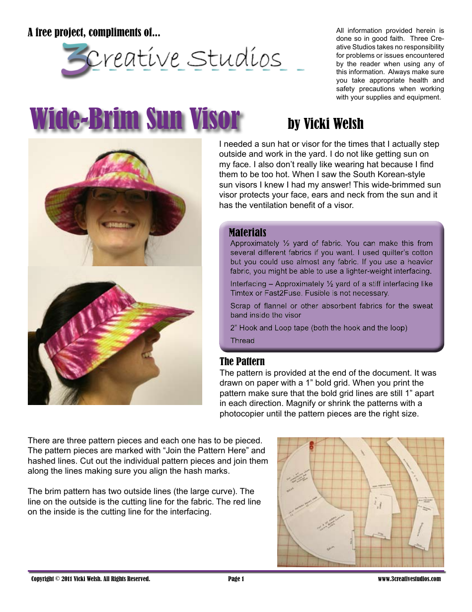 Wide-Brim Sun Visor Sewing Pattern Template Download Printable PDF ...