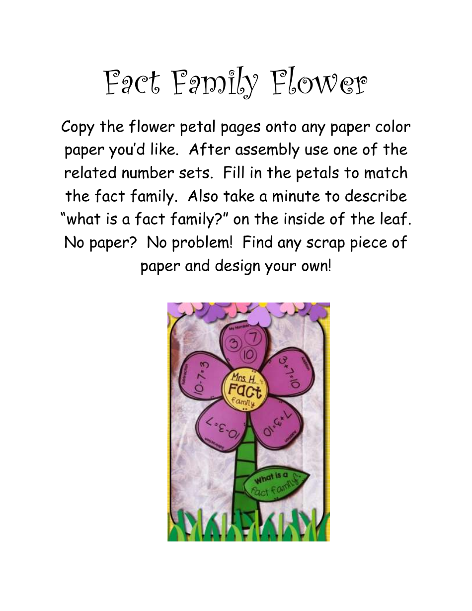 Fact Family Flower Template - Printable Math Worksheet