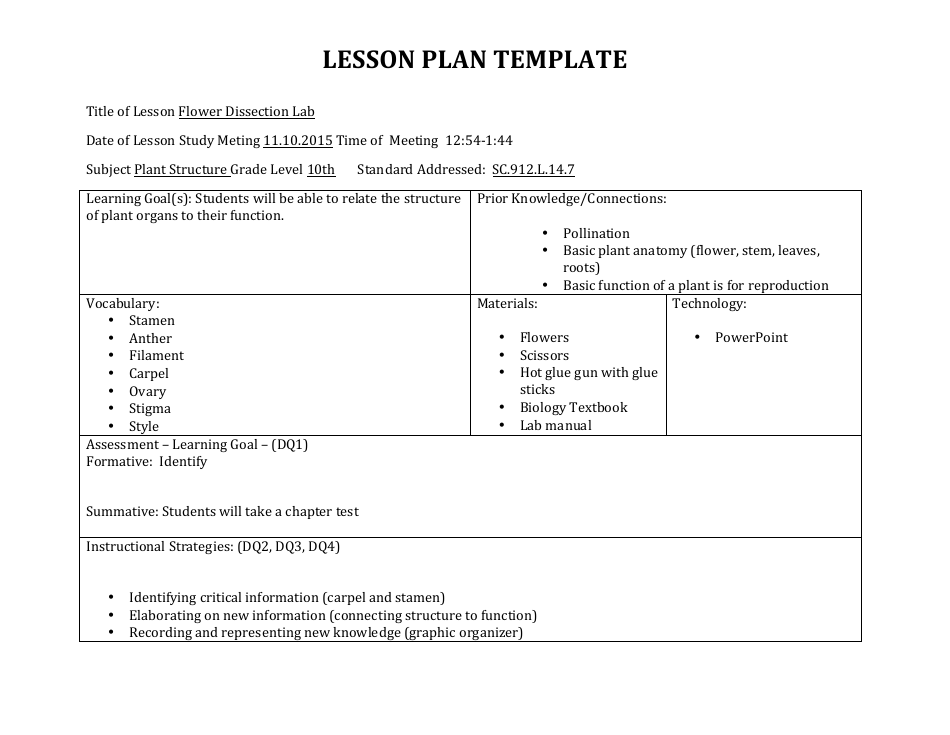 Flower Dissection Lab Lesson Plan Template Download Printable PDF