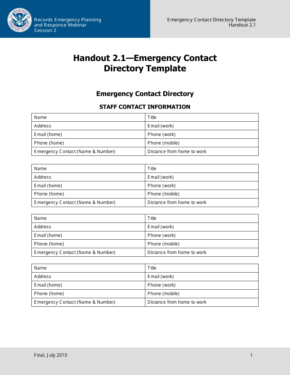 Handout 2.1 - Emergency Contact Directory Template, Page 1