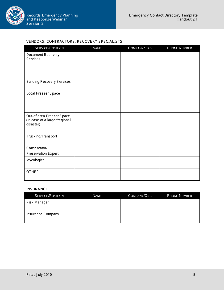 Handout 2.1 - Emergency Contact Directory Template, Page 5