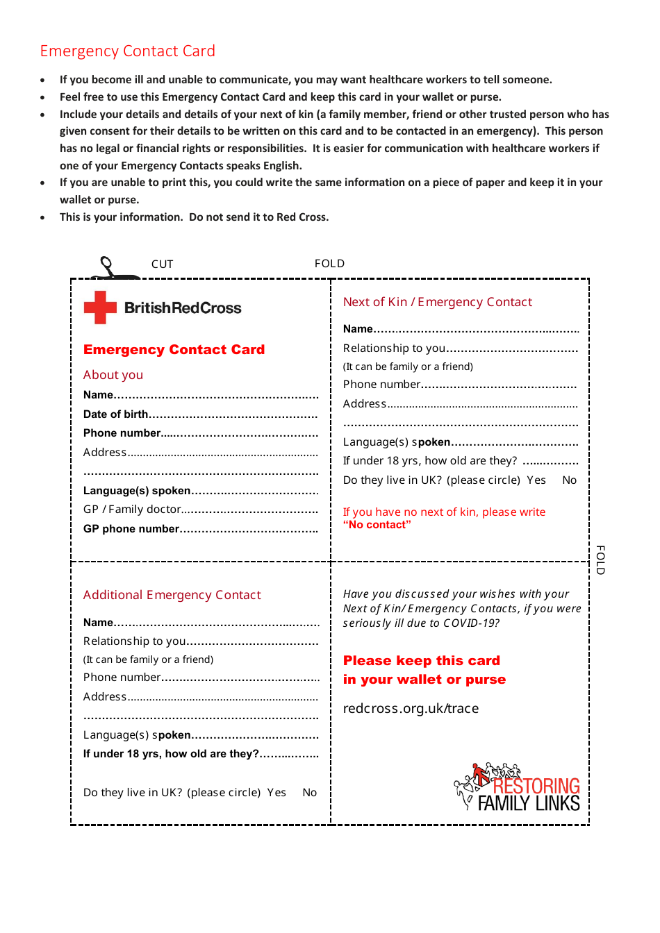 Emergency Contact Card Template - British Red Cross, Page 2