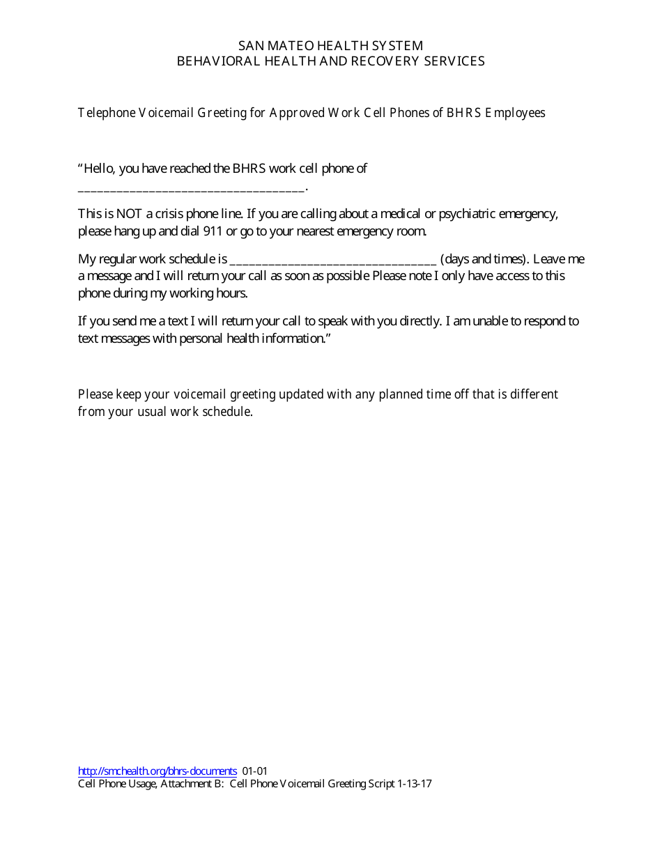 Telephone Voicemail Greeting for Approved Work Cell Phones of Bhrs Employees - County of San Mateo, California, Page 1