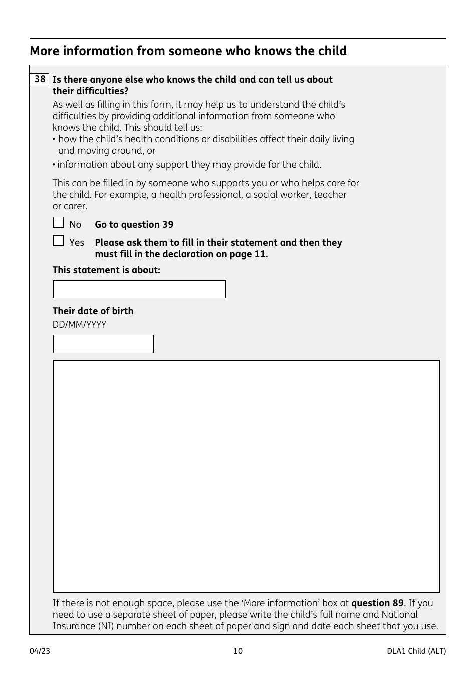 Form DLA1 CHILD Disability Living Allowance for a Child Under 16 - United Kingdom, Page 10