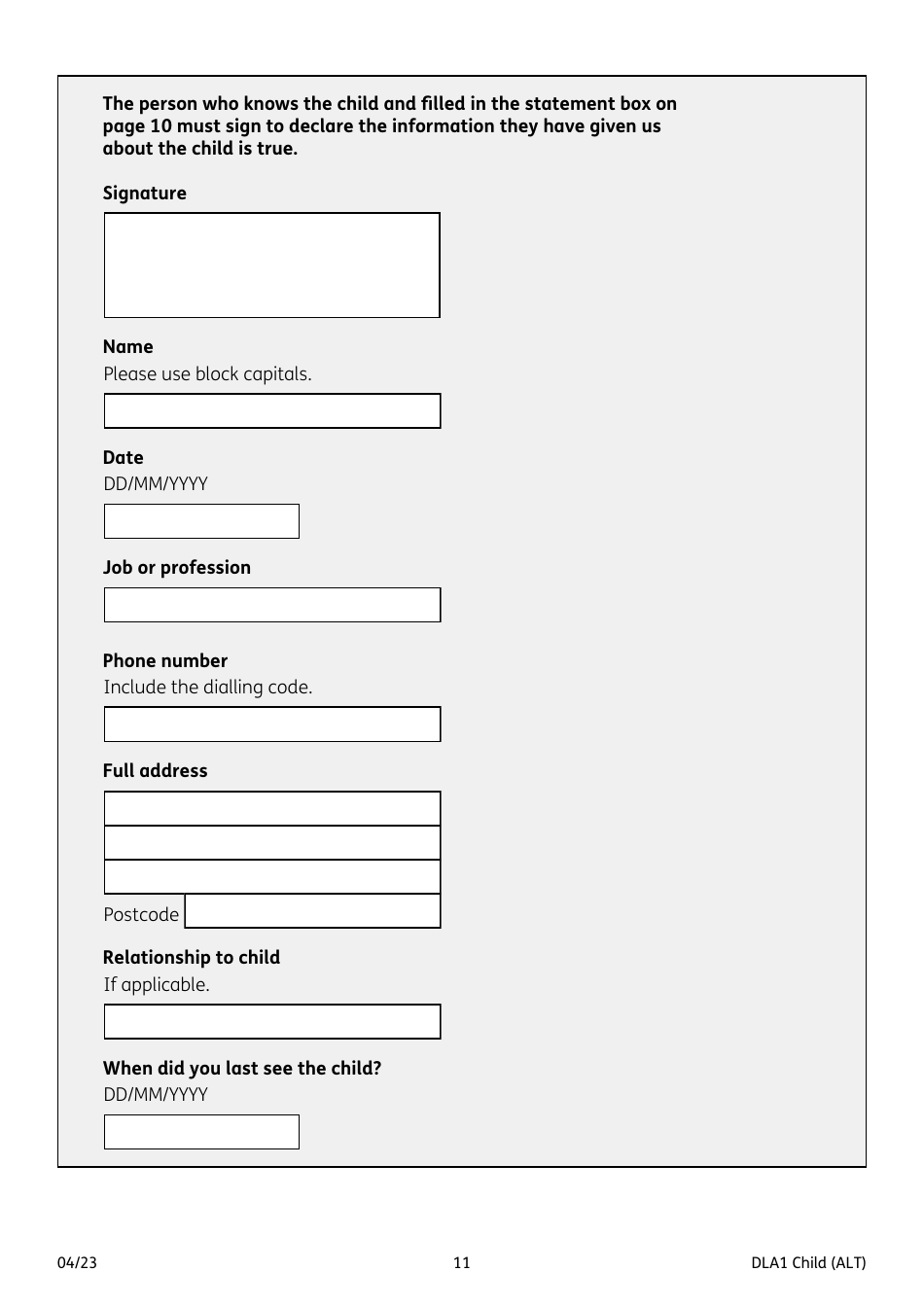 Form DLA1 CHILD Disability Living Allowance for a Child Under 16 - United Kingdom, Page 11