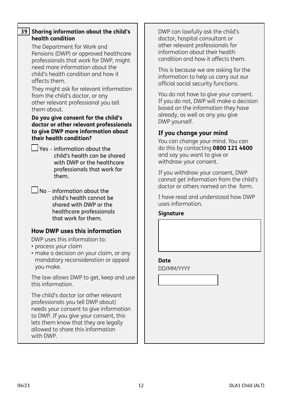 Form DLA1 CHILD Disability Living Allowance for a Child Under 16 - United Kingdom, Page 12