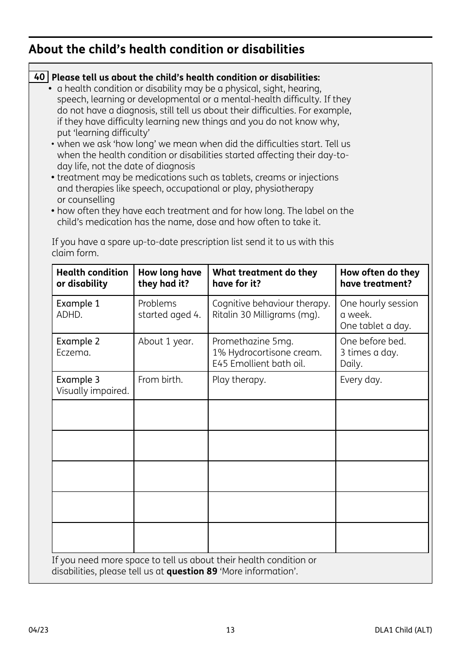 Form DLA1 CHILD Disability Living Allowance for a Child Under 16 - United Kingdom, Page 13