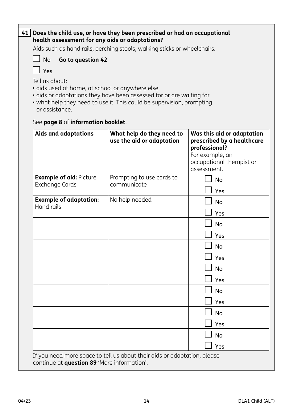 Form DLA1 CHILD Disability Living Allowance for a Child Under 16 - United Kingdom, Page 14
