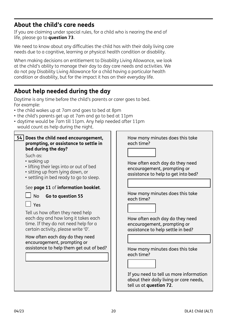 Form DLA1 CHILD Disability Living Allowance for a Child Under 16 - United Kingdom, Page 20