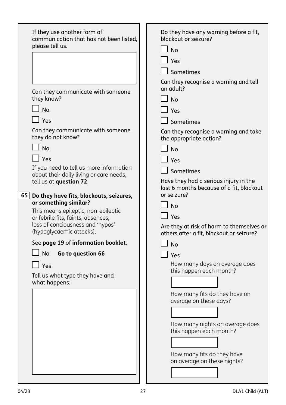 Form DLA1 CHILD Disability Living Allowance for a Child Under 16 - United Kingdom, Page 27