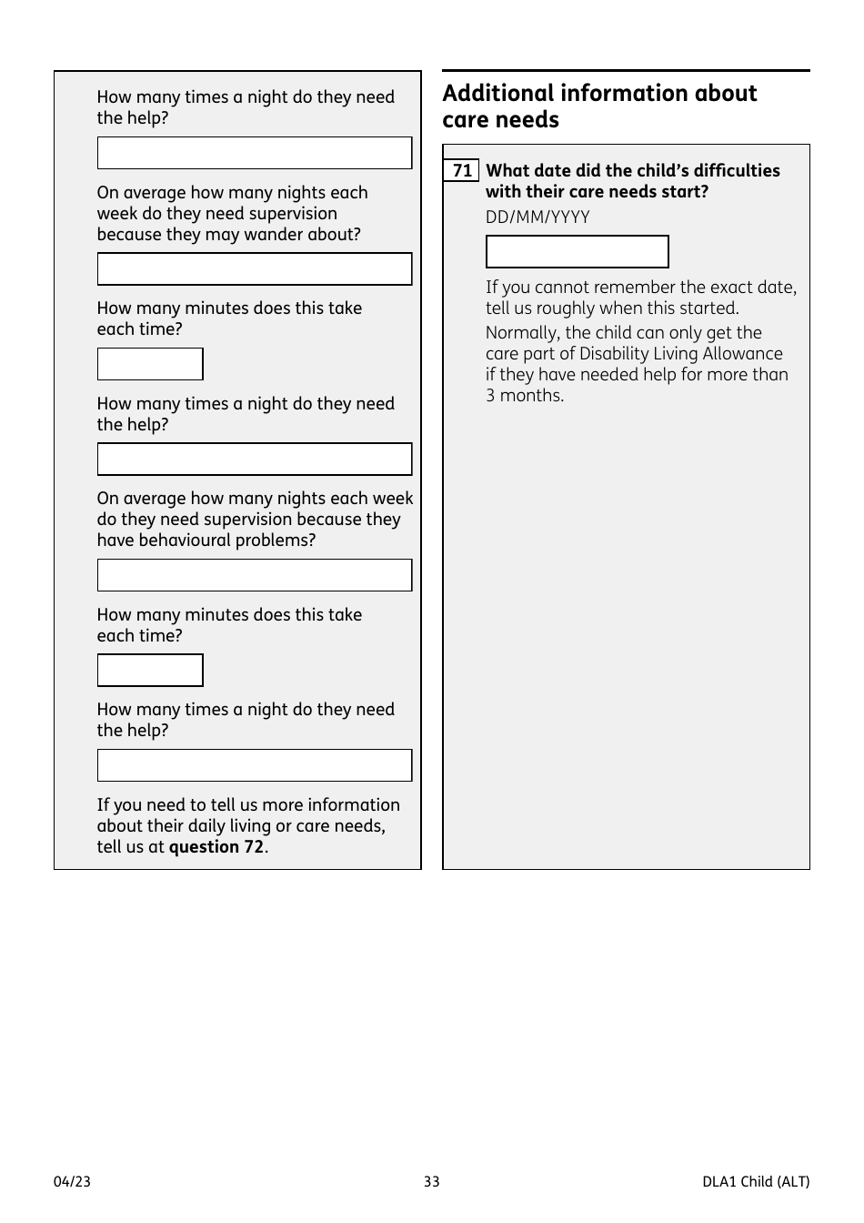 Form DLA1 CHILD Disability Living Allowance for a Child Under 16 - United Kingdom, Page 33