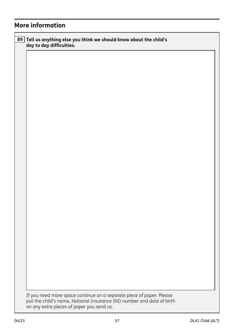 Form DLA1 CHILD Disability Living Allowance for a Child Under 16 - United Kingdom, Page 37