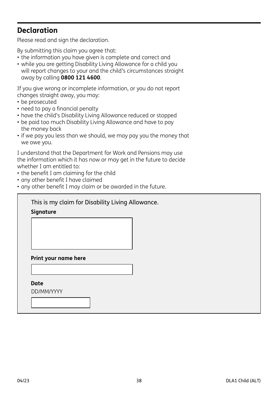 Form DLA1 CHILD Disability Living Allowance for a Child Under 16 - United Kingdom, Page 38