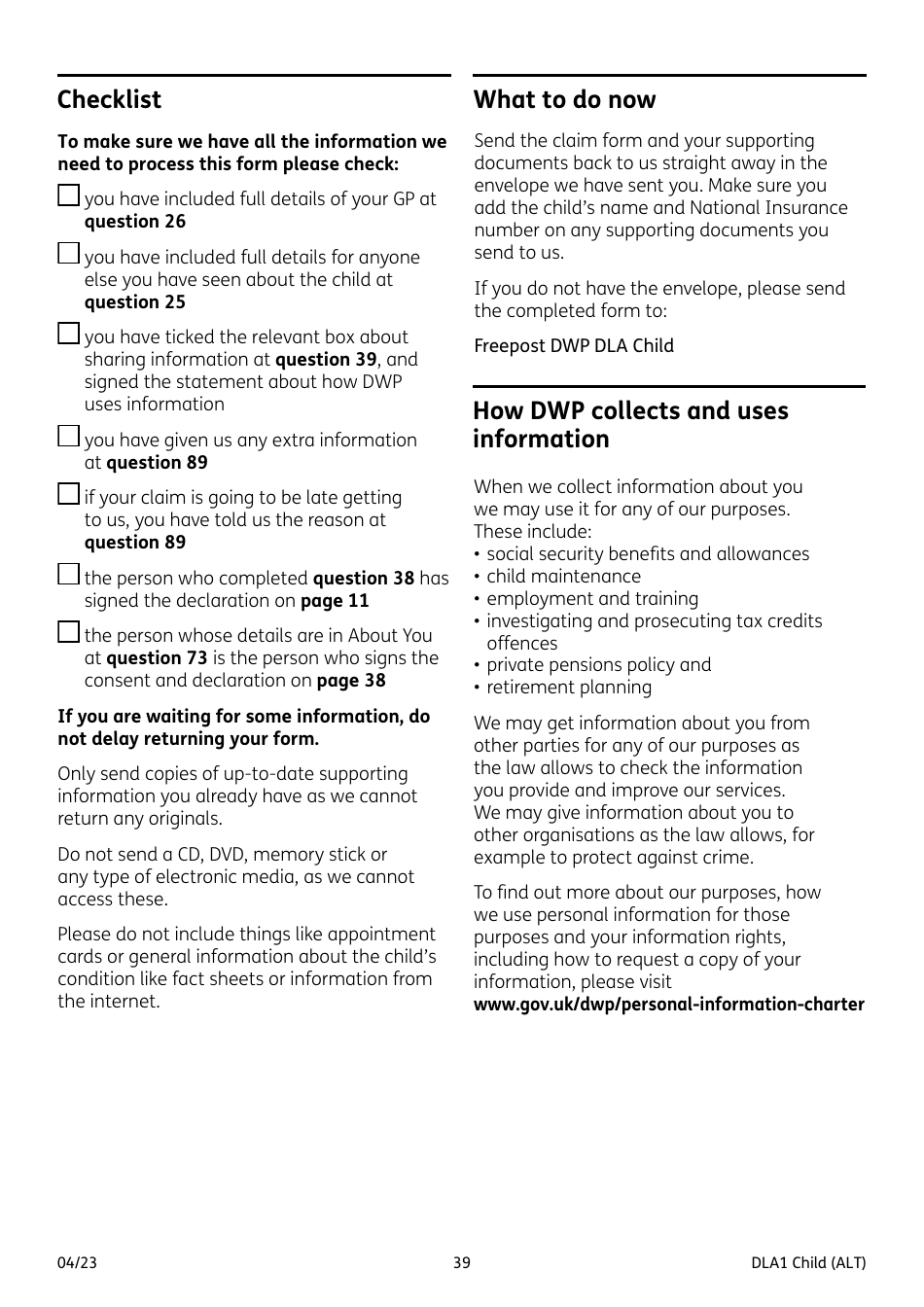 Form DLA1 CHILD Disability Living Allowance for a Child Under 16 - United Kingdom, Page 39