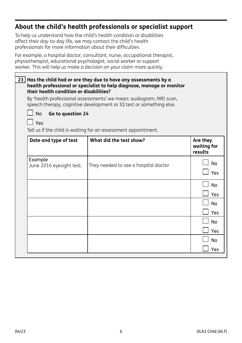 Form DLA1 CHILD Disability Living Allowance for a Child Under 16 - United Kingdom, Page 6