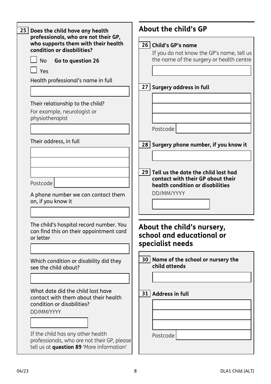 Form DLA1 CHILD Disability Living Allowance for a Child Under 16 - United Kingdom, Page 8