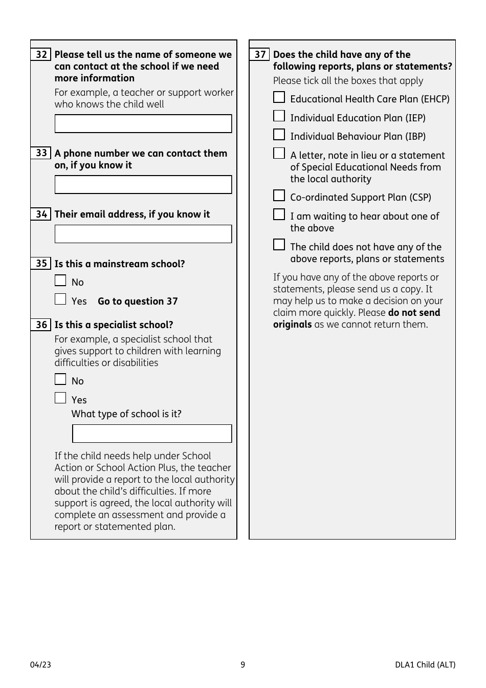 Form DLA1 CHILD Disability Living Allowance for a Child Under 16 - United Kingdom, Page 9