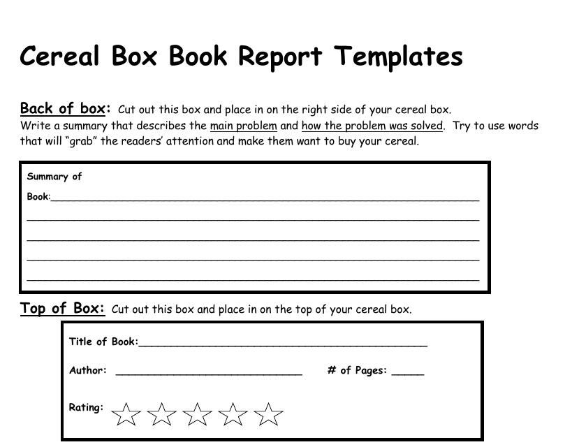 Cereal Box Book Report Templates - Black and White Download Pdf