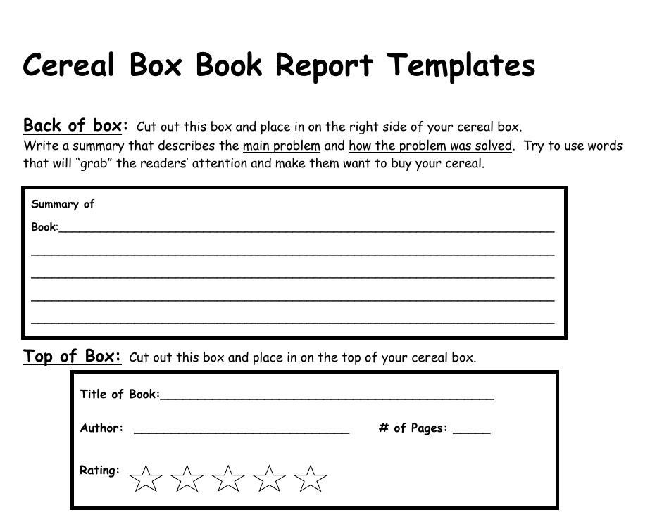 Cereal Box Book Report Templates - Black and White, Page 1