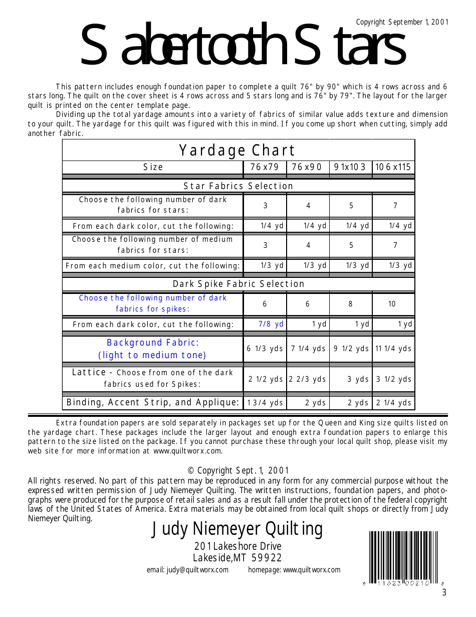 Sabertooth Stars Quilt Pattern Yardage Chart - Judy Niemeyer Quilting, Page 3