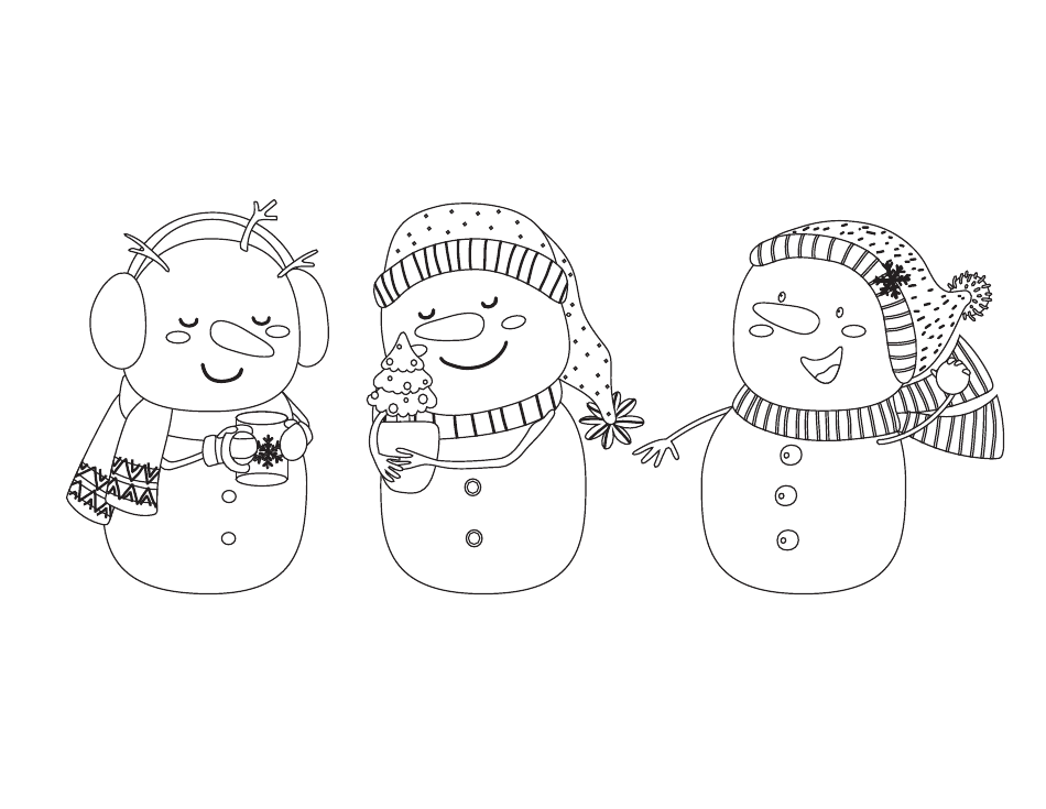 Three Snowmen Coloring Template, Page 1