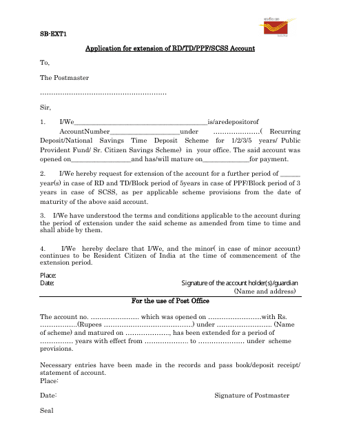 Form SB-EXT1 Application for Extension of Rd/Td/Ppf/Scss Account - India