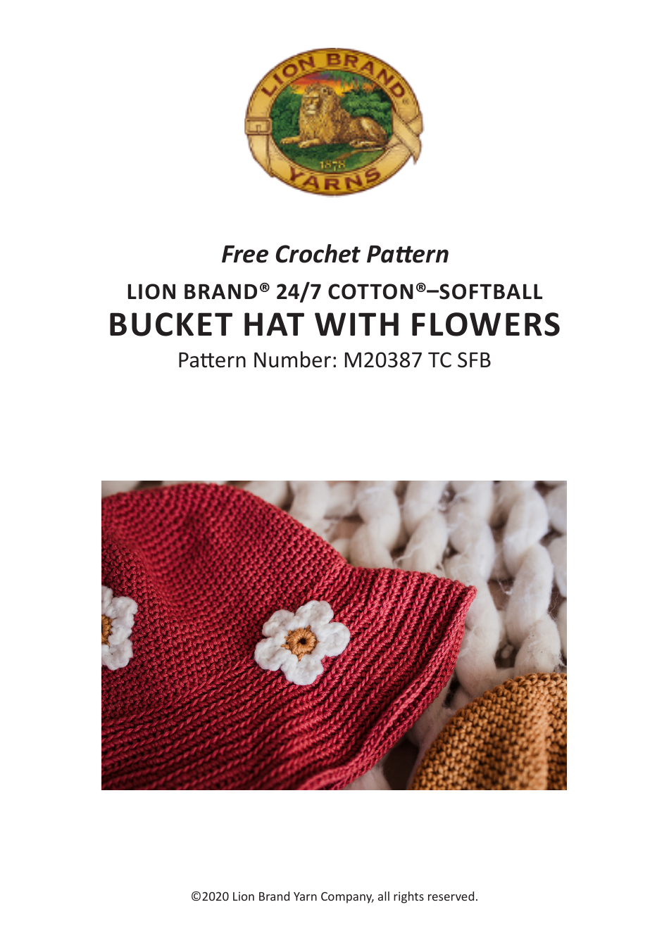 Crochet pattern for a beautiful Bucket Hat With Flowers design by Lion Brand Yarn Company