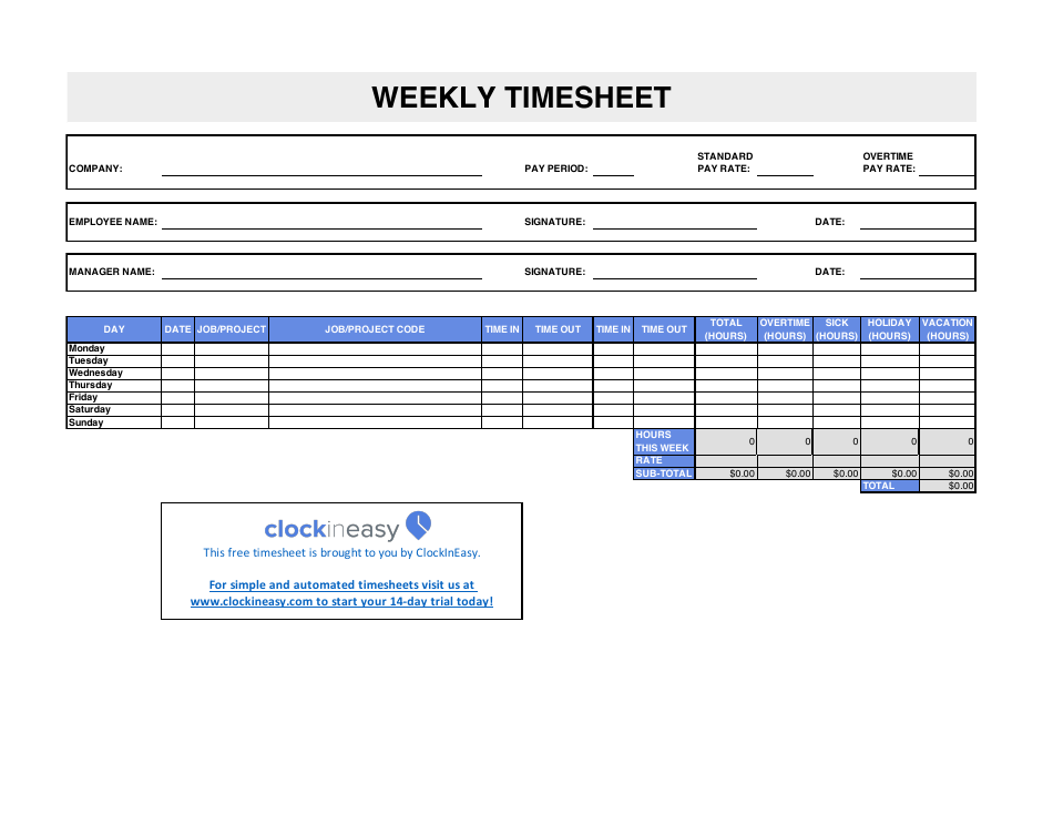 Weekly Timesheet Template - Clock in Easy - Fill Out, Sign Online and ...