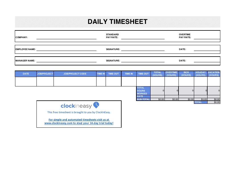 Preview of Daily Timesheet template from TemplateRoller