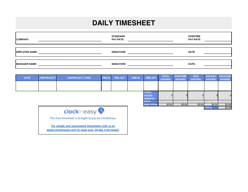 Preview of Daily Timesheet template from TemplateRoller