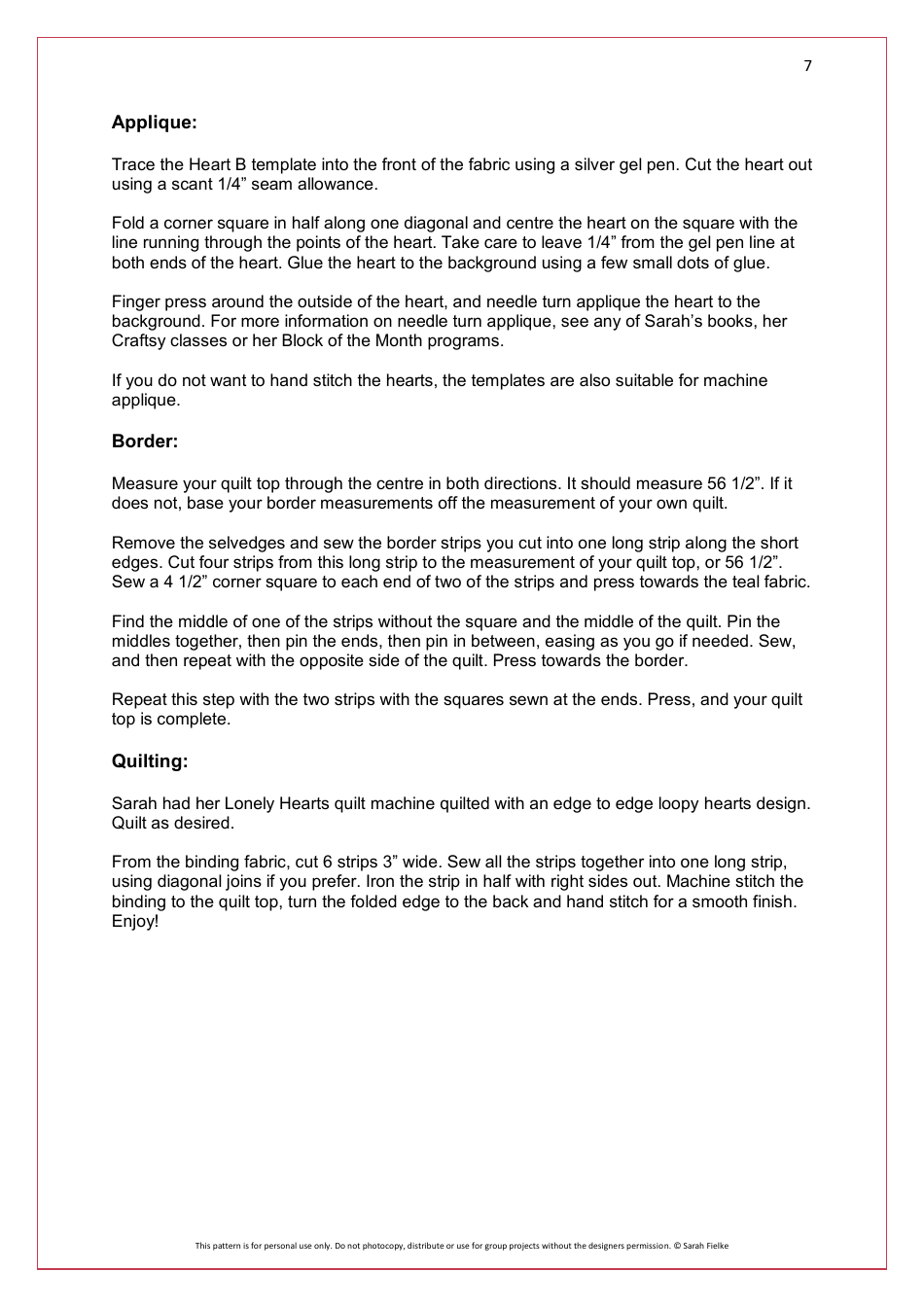 Lonely Hearts Quilt Pattern Templates - Sarah Fielke, Page 7