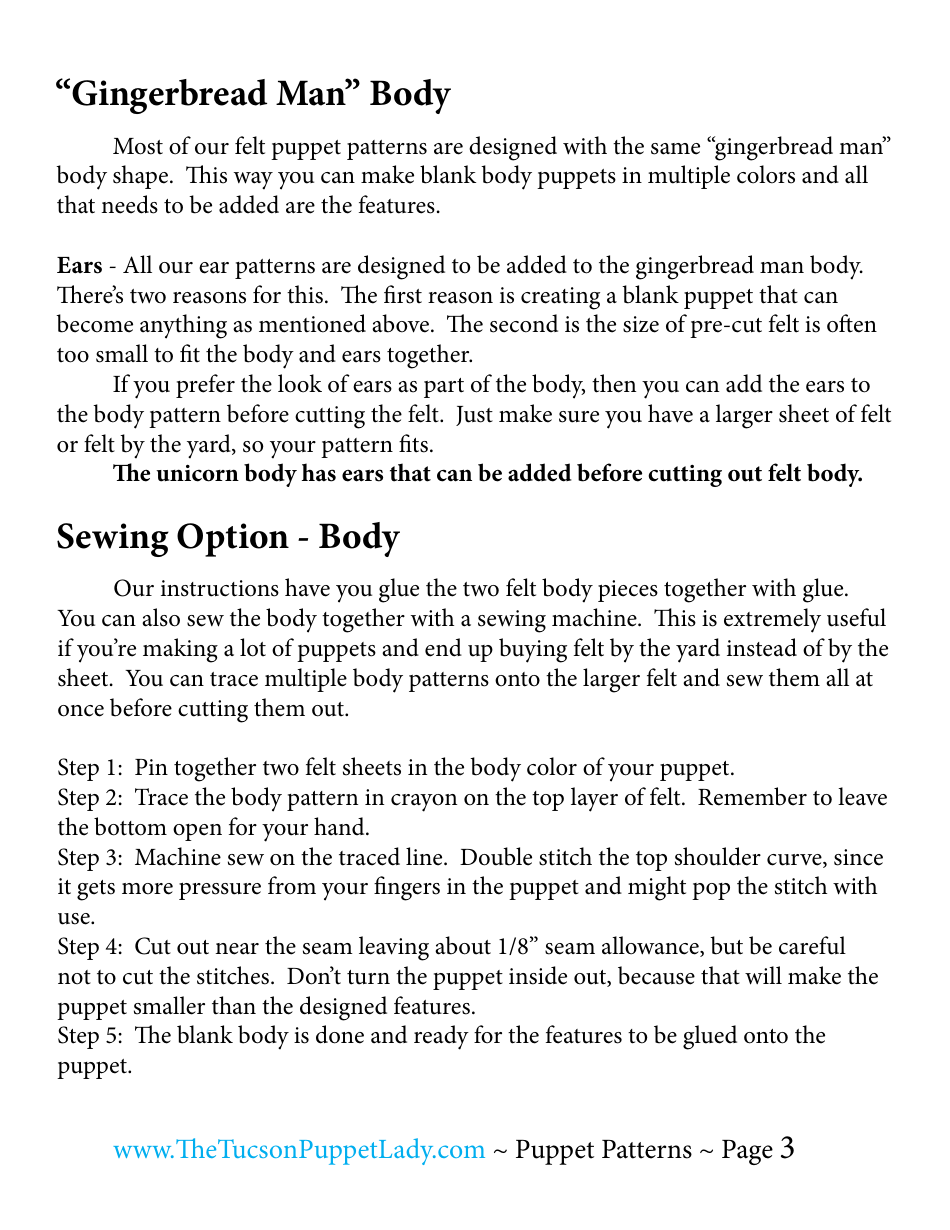 Unicorn Felt Hand Puppet Template - the Tucson Puppet Lady, Page 3