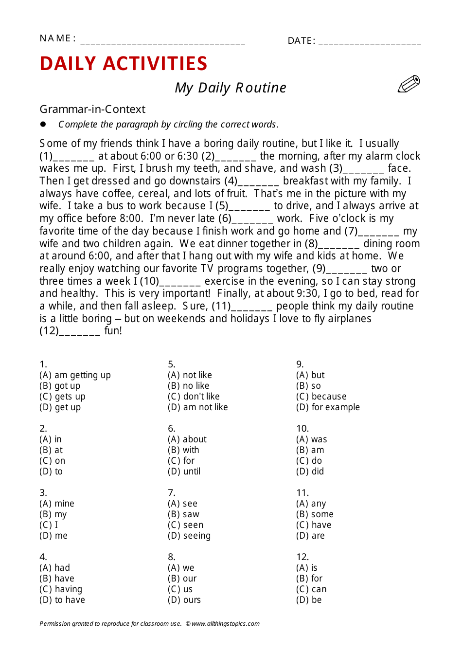 Daily Activities English Exercise Sheet - Allthingstopics, Page 3